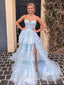 Elegant Blue A-Line Sweetheart With Trailing Ruffles Appliques Long Formal Prom Dresses,Evening Gowns,WGP365
