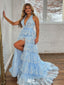 Gorgeous Blue A-Line Halter Side Slit Appliques Lace Long Formal Prom Dresses,Evening Gowns,WGP368