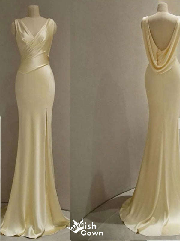 Elegant Light Yellow V Neck Mermaid Long Party Dress Prom Dresses, WGP970