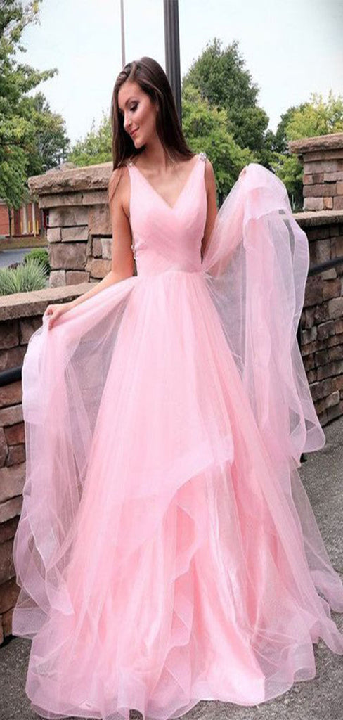 Elegant Pink A-Line V Neck Sleeveless Pleats Long Maxi Prom Dresses,Evening Gowns,WGP376