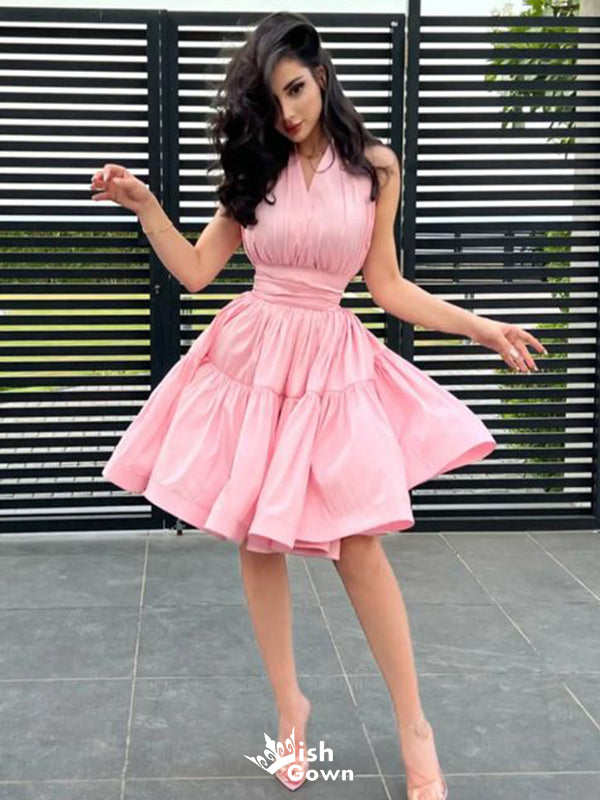 Elegant Pink V-Neck Pleats Sleeveless Popular Cheap Short Homecoming Dresses, Birthday Party EPT211