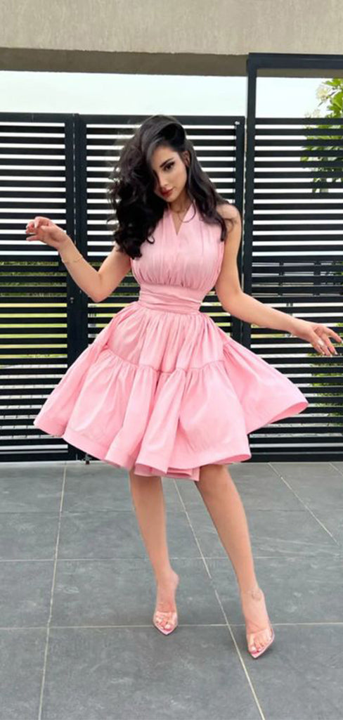 Elegant Pink V-Neck Pleats Sleeveless Popular Cheap Short Homecoming Dresses, Birthday Party EPT211