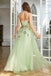 Floral Green A-Line V Neck Spaghetti Straps Appliques Long Prom Gowns,Evening Dresses,WGP322