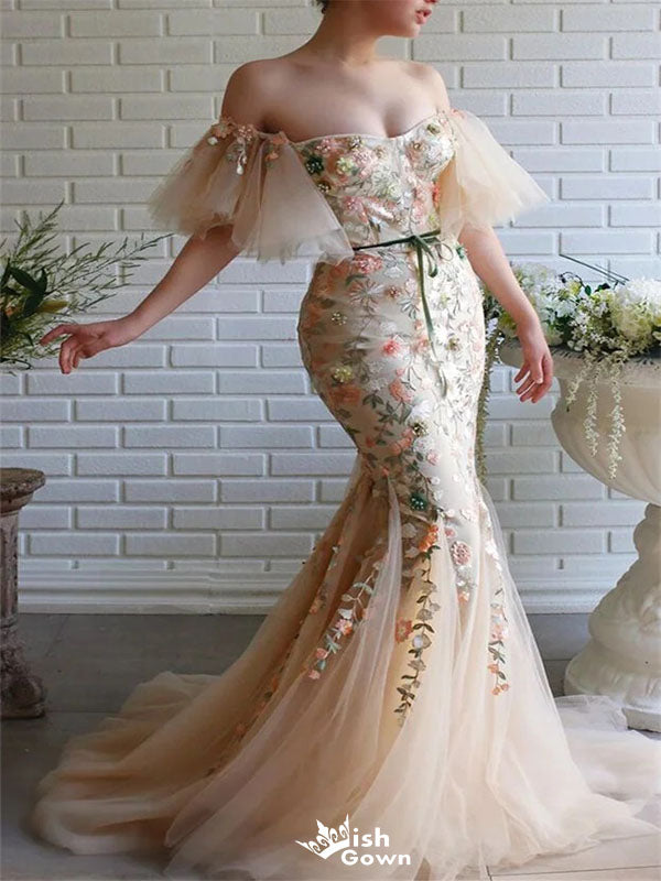 Gorgeous Mermaid Sweetheart Off Shoulder Appliques Formal Prom Gowns,Evening Dresses,WGP343