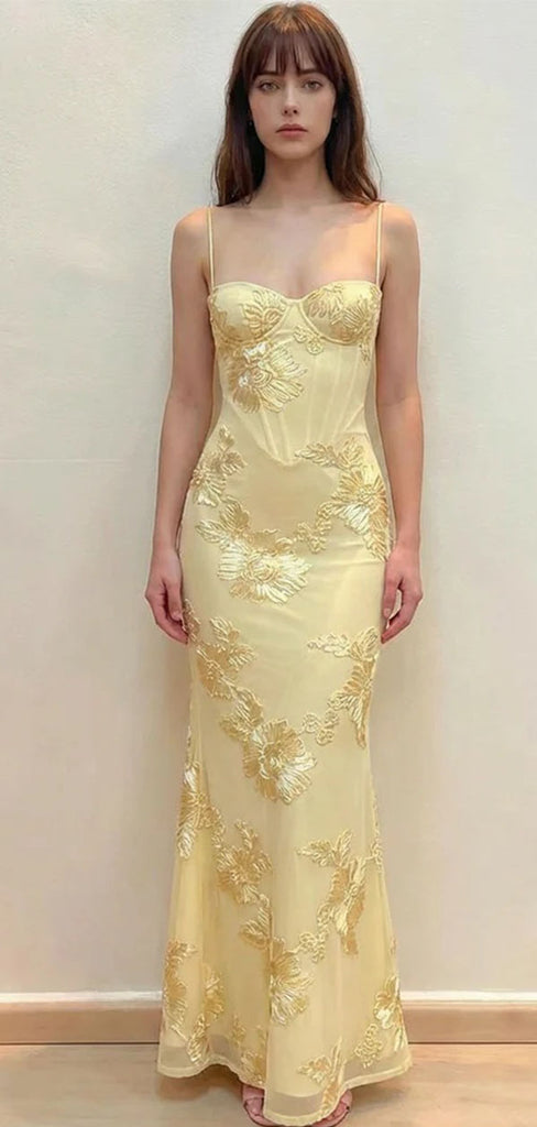 Classy Yellow Floral Embroidered Prom Dress Spaghetti Strap Corset Back Maxi Party Gown,WGP2084