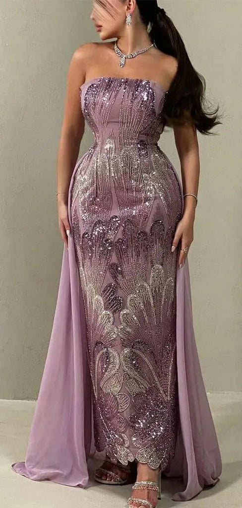 Sparkly Purple Sweetheart Applique Long Sleeve Mermaid Long Prom Dress Ideas, Evening Party Dresses,WGP1755