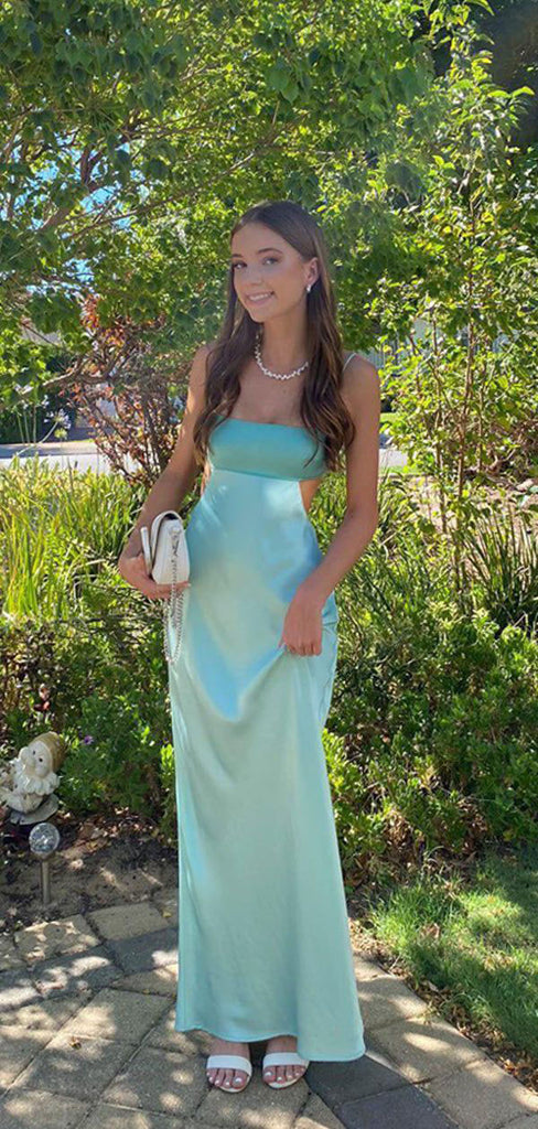 Modern Teal Satin Cutout Evening Gown Sleeveless Square Neck Backless Formal Prom Dress,WGP2106