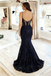 Sexy Navy Sequin Mermaid Prom Dress Sheer Side Cutout Formal Gown,WGP2147