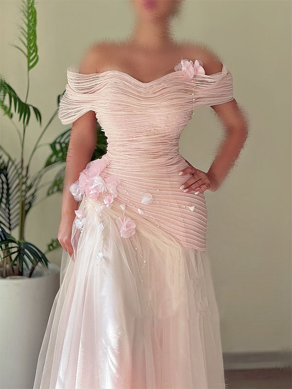 Elegant Pink Off-Shoulder A-Line Long Prom Dress Ideas, Evening Party Dresses,WGP1837