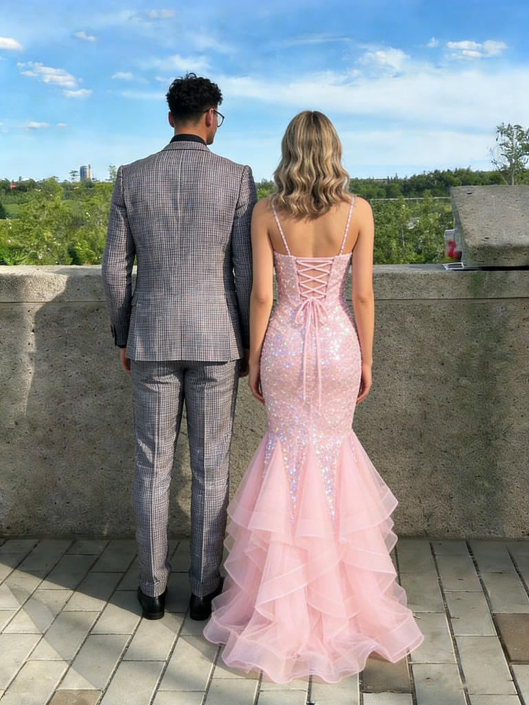 Sexy Pink Sequin Mermaid Prom Dress with Ruffled Tulle Bottom and V-Neck Sparkly Gown,WGP2099