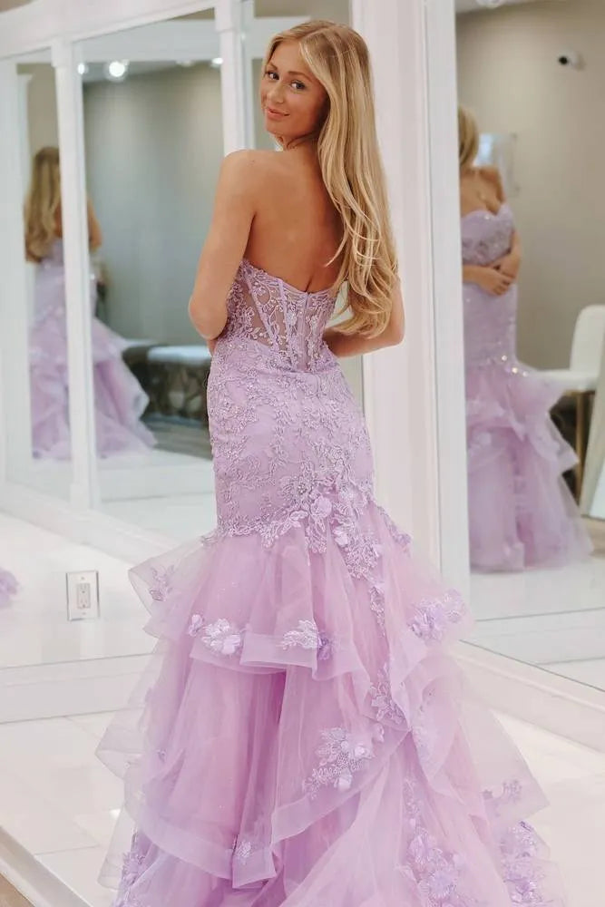 Fancy Lavender Lace Mermaid Prom Gown Strapless Tiered Formal Dress,WGP2132