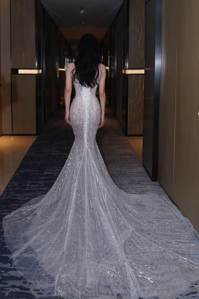 Sparkly Silver Spaghetti Strap Mermaid Long Prom Dress Ideas, Evening Party Dresses,WGP1903