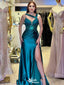 Unique Teal Spaghetti Strap Mermaid Side Slit Long Prom Dress Ideas, Evening Party Dresses,WGP1940