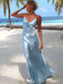 Classy Blue Silk Satin Slip Prom Dress V-Neck Spaghetti Strap Formal Gown,WGP2140