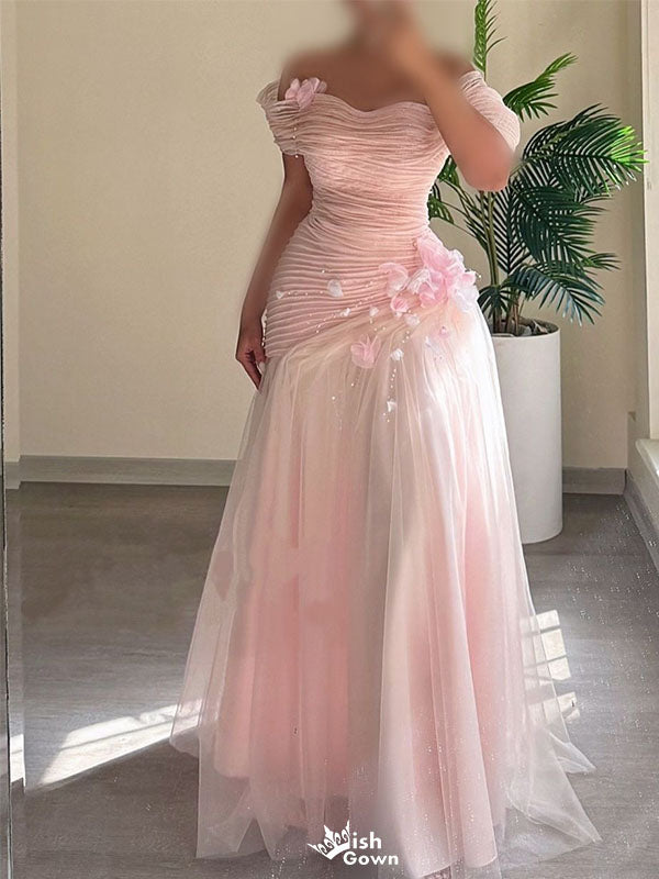 Elegant Pink Off-Shoulder A-Line Long Prom Dress Ideas, Evening Party Dresses,WGP1837