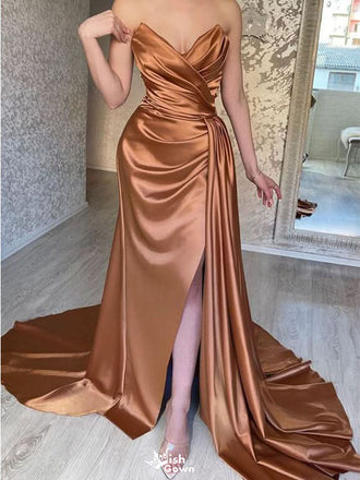 Elegant Gold Sweetheart Sleeveless Mermaid Side Slit Long Prom Dress Ideas, Evening Party Dresses , WGP1888