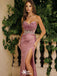Sexy Mauve Satin Prom Dress Sheer Beaded Corset Bodice High Slit Formal Gown,WGP2117