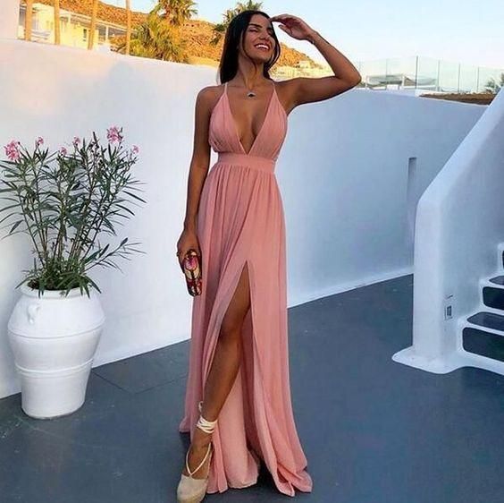 Sexy Pink A-line V-neck Side Slit Maxi Long Party Prom Dresses, Evening Dress,WGP277