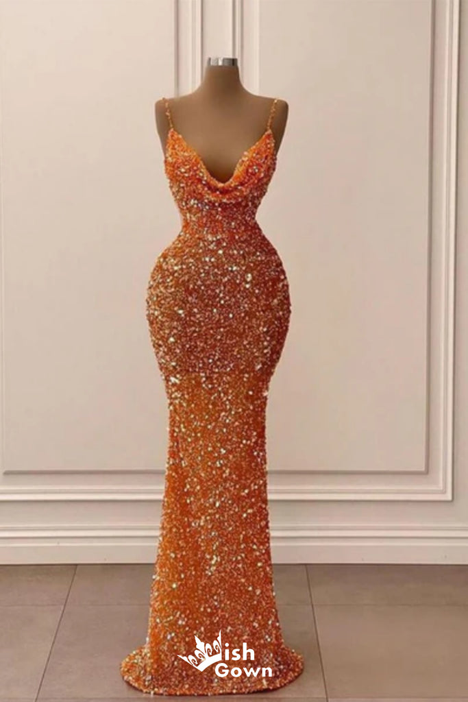 Shiny Orange Spaghetti Straps Mermaid Long Party Dress Prom Dresses,Evening Dress Online, WGP884