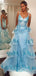 Elegant Baby Blue Spaghetti Strap Lace Long Sleeve Popular Long Evening Dresses, Formal Dresses, Birthday Party, WGP646