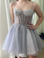 Elegant Gray Spaghetti Strap Lace Sleeveless Popular Cheap Short Homecoming Dresses, Birthday Party EPT213