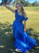 Gorgeous Blue Off Shoulder Ruffles A-line Long Party Dress Prom Dresses, WGP979