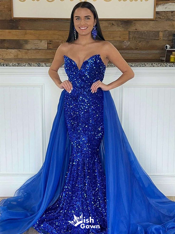 Elegant Blue Sweetheart Mermaid Detachable Long Sleeve Popular Long Evening Dresses, Formal Dresses, Birthday Party, WGP665