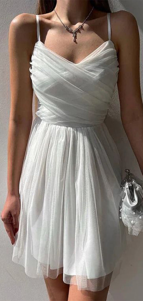 Elegant White Spaghetti Strap Sleeveless Popular Cheap Short Homecoming Dresses, Birthday Party EPT218