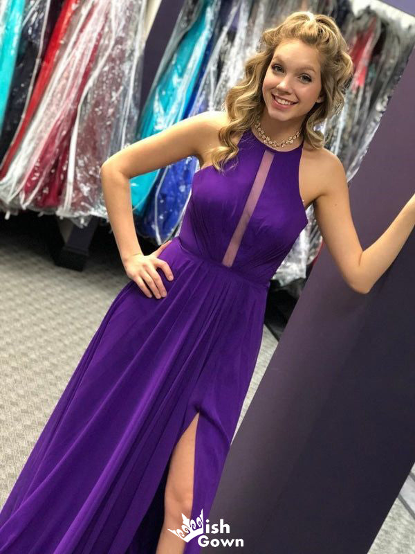 Elegant Purple A-Line Halter Side Slit Long Sleeve Popular Long Evening Dresses, Formal Dresses, Birthday Party, WGP652