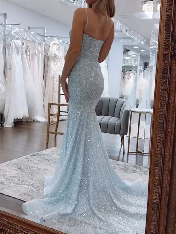 Elegant Baby Blue Spaghetti Strap Mermaid Long Sleeve Popular Long Evening Dresses, Formal Dresses, Birthday Party, WGP667