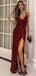Sexy V-Neck Sparkly Burgundy Sequin Side Slit Evening Dresses,Long Prom Dresses,WGP2066