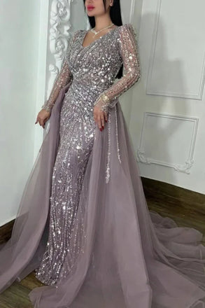 Unique Purple V-Neck Long Sleeve Mermaid Long Prom Dress Ideas, Evening Party Dresses,WGP1904