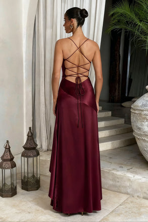 Sexy Burgundy Spaghetti Strap High Low Long Prom Dress Ideas, Evening Party Dresses,WGP1845