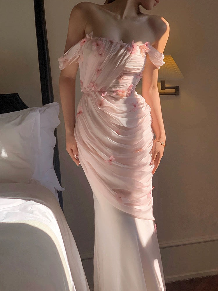 Floral Pink Off-Shoulder Mermaid Long Prom Dress Ideas, Evening Party Dresses,WGP1955