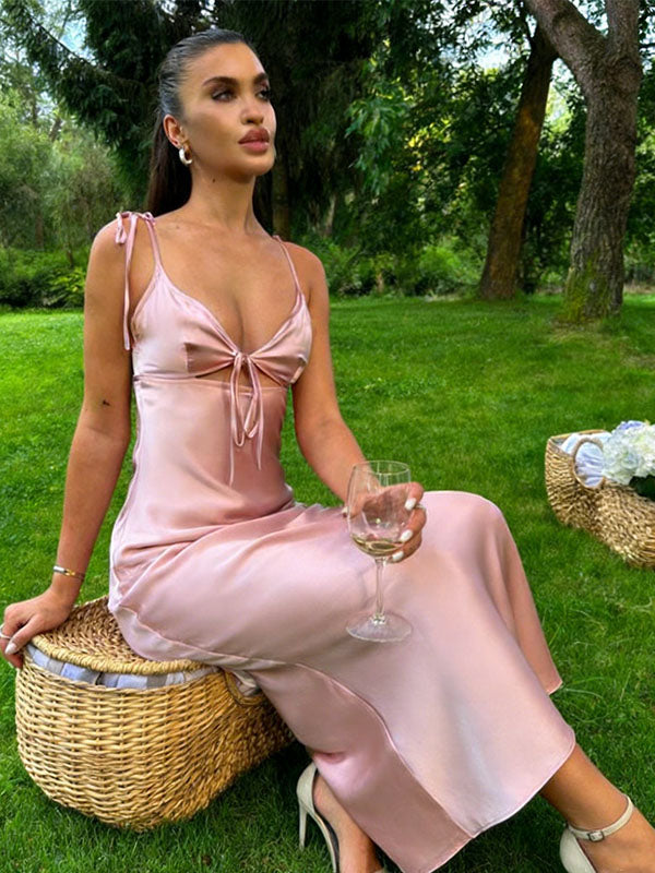 Elegant Pink Satin Slip Prom Dress Sexy Cut-Out Front Tie Midi Length Cocktail Gown,WGP2170