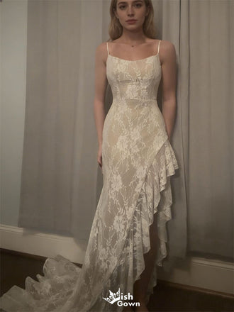 Unique Ivory Lace Mermaid Prom Dress High-Low Ruffle Hem Spaghetti Straps,WGP2141
