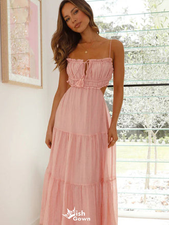 Elegant Pink Chiffon A-Line Maxi Dress with Ruffled Tiered Skirt Prom Dress,WGP2100