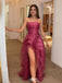 Bold Pink Organza High Slit Prom Gown Strapless Tiered Ruffle Party Dress,WGP2204