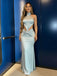 Modern Light Blue Halter Prom Gown Cutout Waist Satin Evening Dress,WGP2148