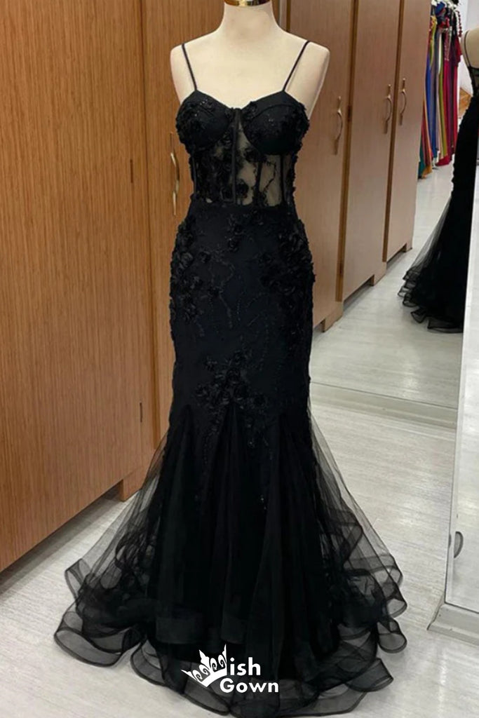 Black Lace 3D Flower Appliques Spaghetti Straps Mermaid Long Party Dress Prom Dresses,Evening Dress Online, WGP889