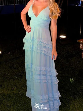 Elegant V-neck Spaghetti Strap Chiffon A-line Long Prom Dress Ideas, Evening Party Dresses,WGP1144