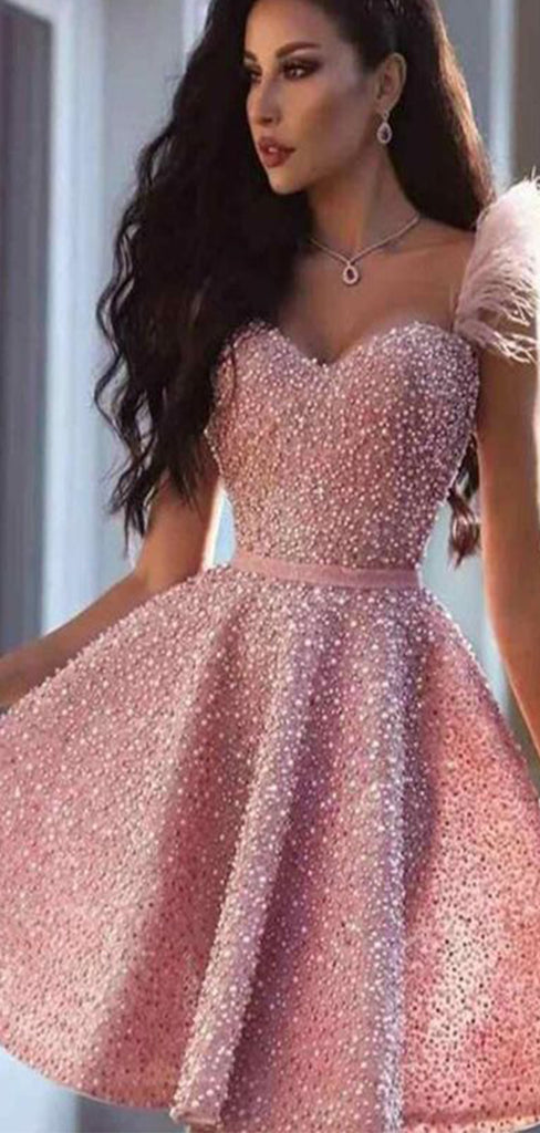 Sparkly Pink Sweetheart One-shoulder Popular Cheap Short Homecoming Dresses, EPT193