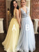 Elegant Yellow Blue V-Neck A-Line Long Sleeveless Popular Long Evening Dresses, Formal Dresses, Birthday Party, WGP693