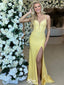 Sexy Yellow Spaghetti Strap Mermaid Side Slit Long Sleeveless Popular Long Evening Dresses, Formal Dresses, Birthday Party, WGP691