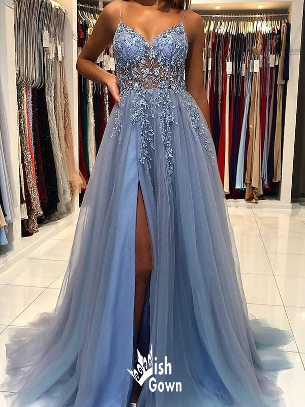 Sexy A-Line Spaghetti Straps Side Slit Lace Appliques Long Formal Prom Dresses,Evening Gowns,WGP325