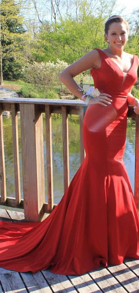 Sexy Red V-Neck Mermaid Long Prom Dress Ideas, Evening Party Dresses,WGP1818