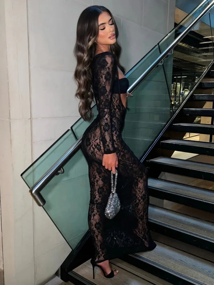 Sexy Black Lace Long Sleeve Mermaid Long Prom Dress Ideas, Evening Party Dresses,WGP1942