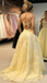 Unique Yellow Lace Ball Gown Prom Dress Pretty V-Neck Spaghetti Strap Puffy Party Dress,WGP2091