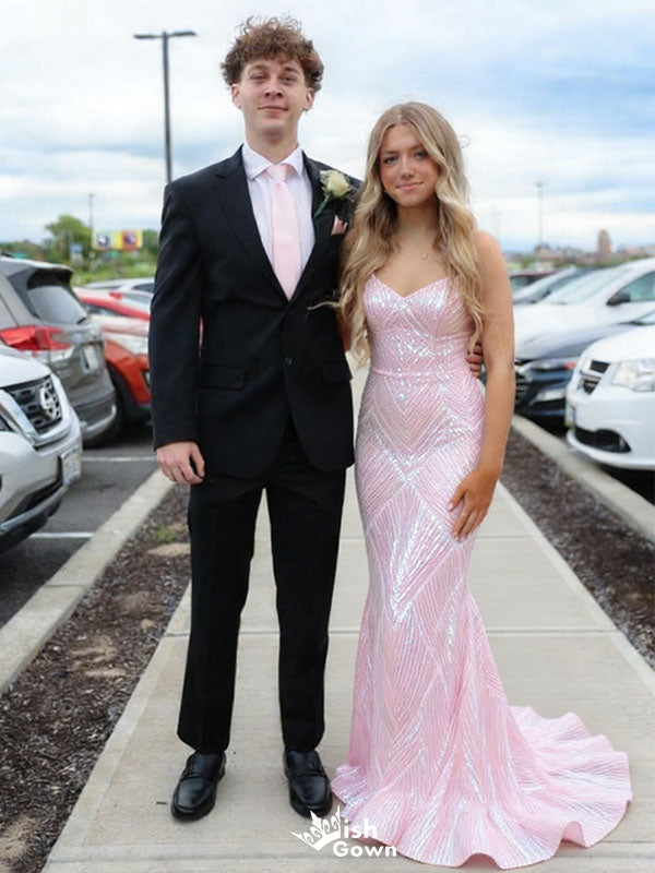Fancy Pink Sequin Mermaid Prom Gown Sweetheart Neck Glittery Formal Dress,WGP2142