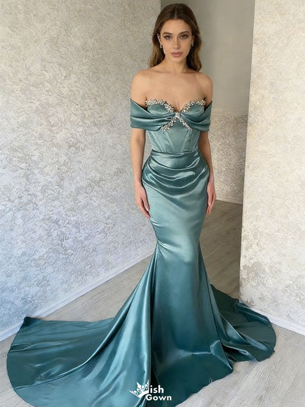 Modern Teal Green Satin Prom Gown Off the Shoulder Crystal Beaded Mermaid Formal Dress,WGP2086